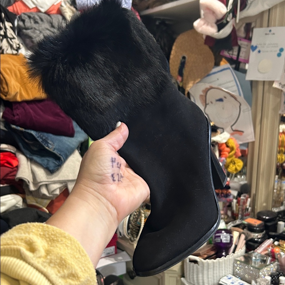 Via Spiga Black Fur-Trimmed Heeled Boots